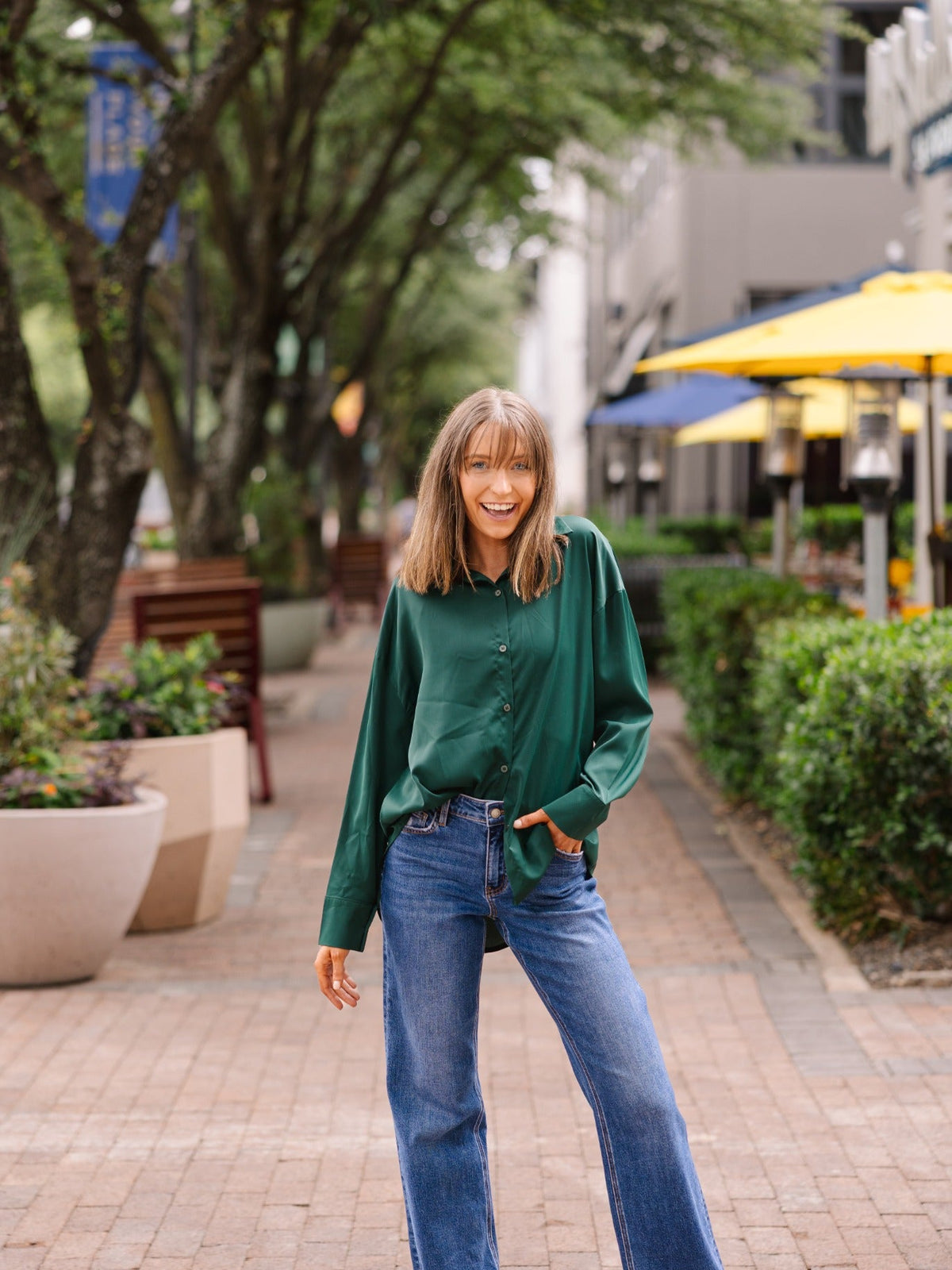 Kathryn Classic Button-Up Shirt, Forest Green | Grace+Emma