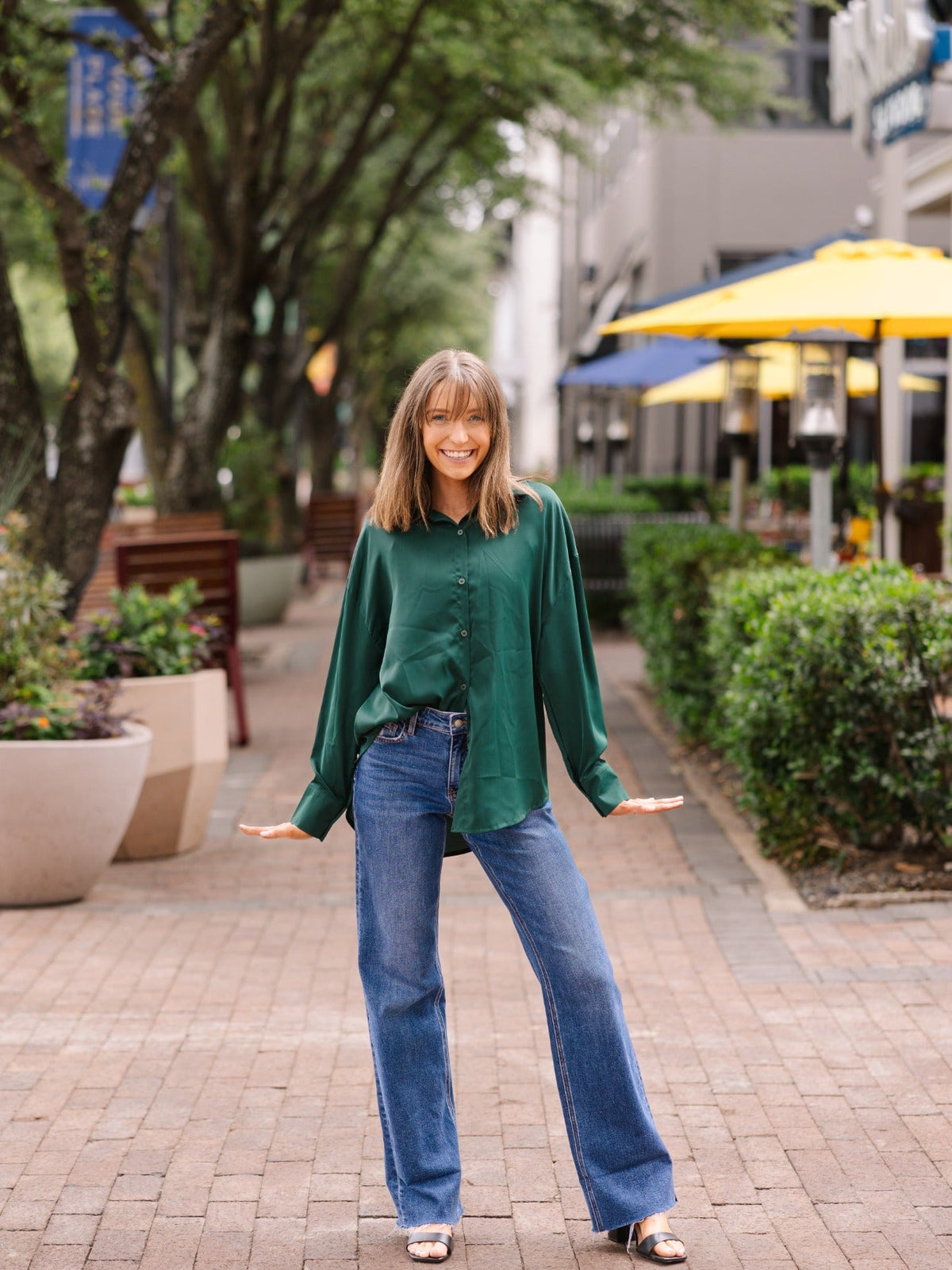 Kathryn Classic Button-Up Shirt, Forest Green | Grace+Emma