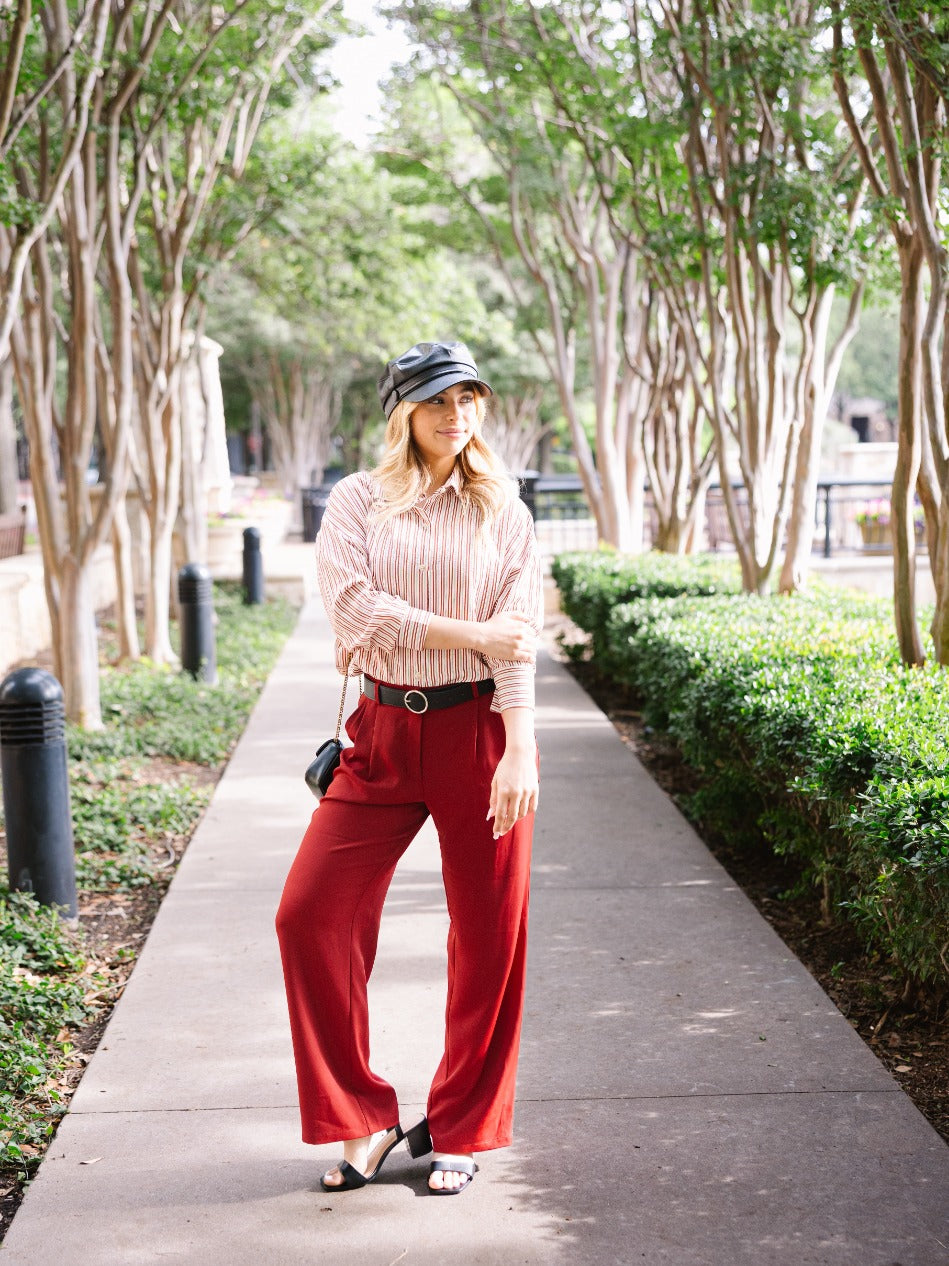 Kathryn Classic Button-Up Shirt, Red Stripes | Grace+Emma