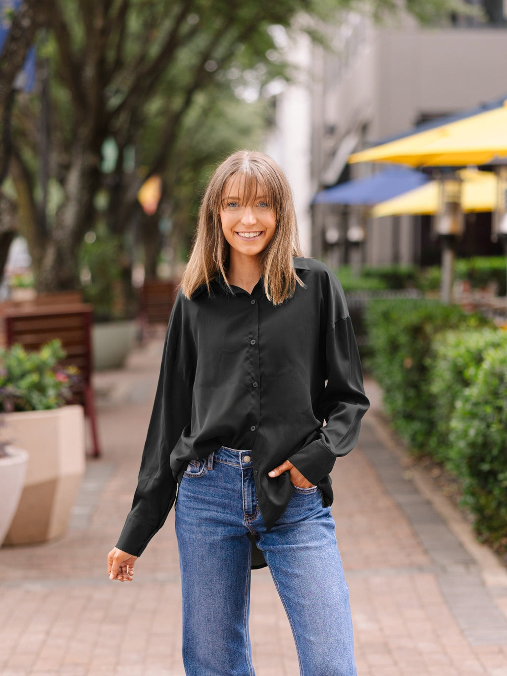 Kathryn Classic Button-Up Shirt, Black | Grace+Emma