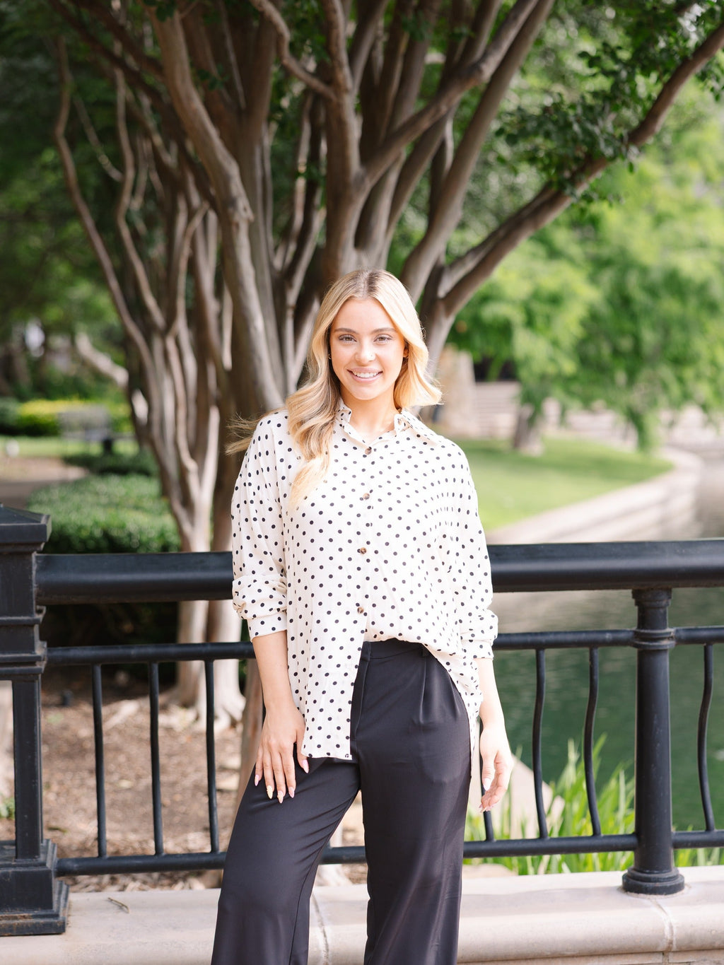 Kathryn Classic Button-Up Shirt, Ivory Polka-Dot | Grace+Emma