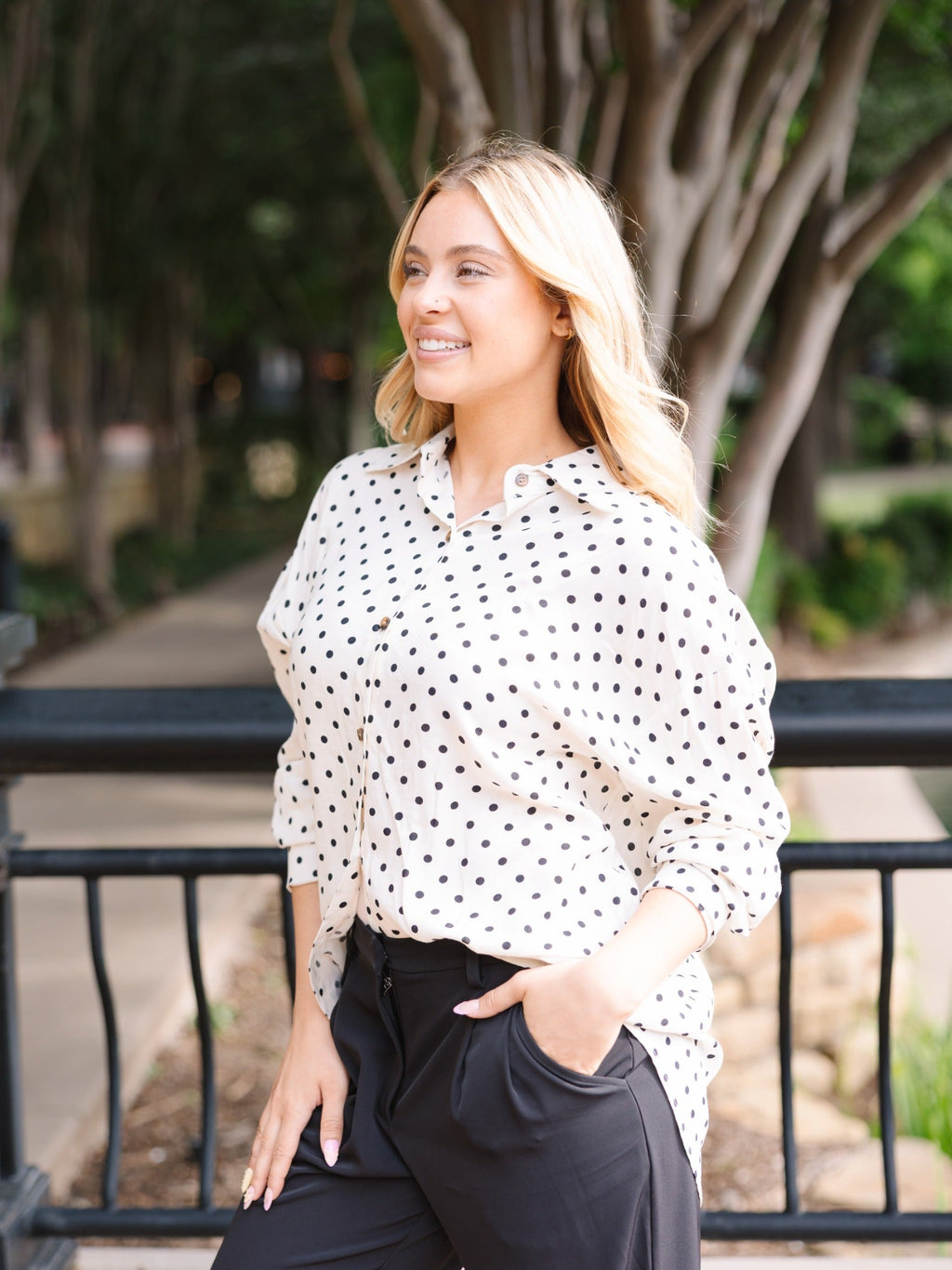 Kathryn Classic Button-Up Shirt, Ivory Polka-Dot | Grace+Emma