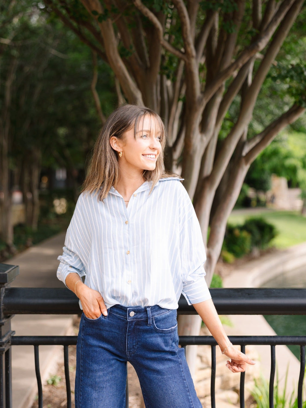 Kathryn Classic Button-Up Shirt, Blue Stripes | Grace+Emma