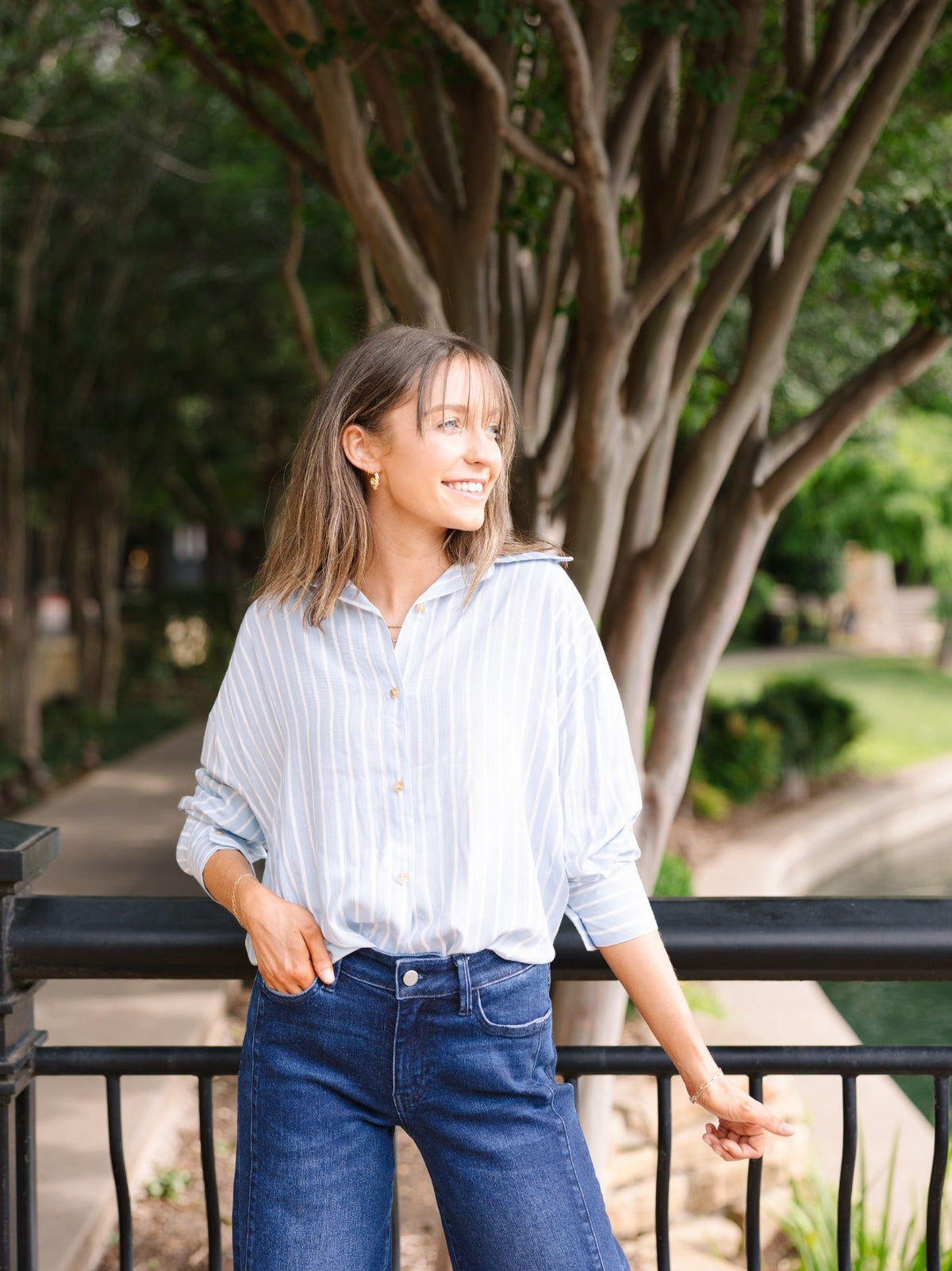 Kathryn Classic Button-Up Shirt, Blue Stripes | Grace+Emma