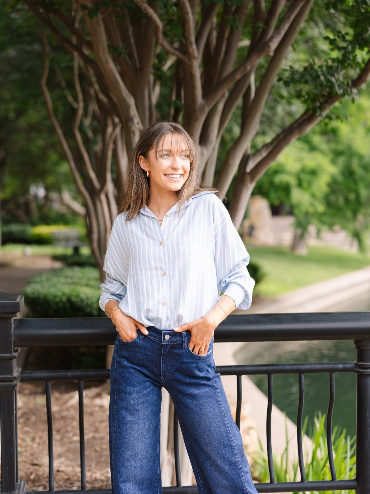 Kathryn Classic Button-Up Shirt, Blue Stripes | Grace+Emma