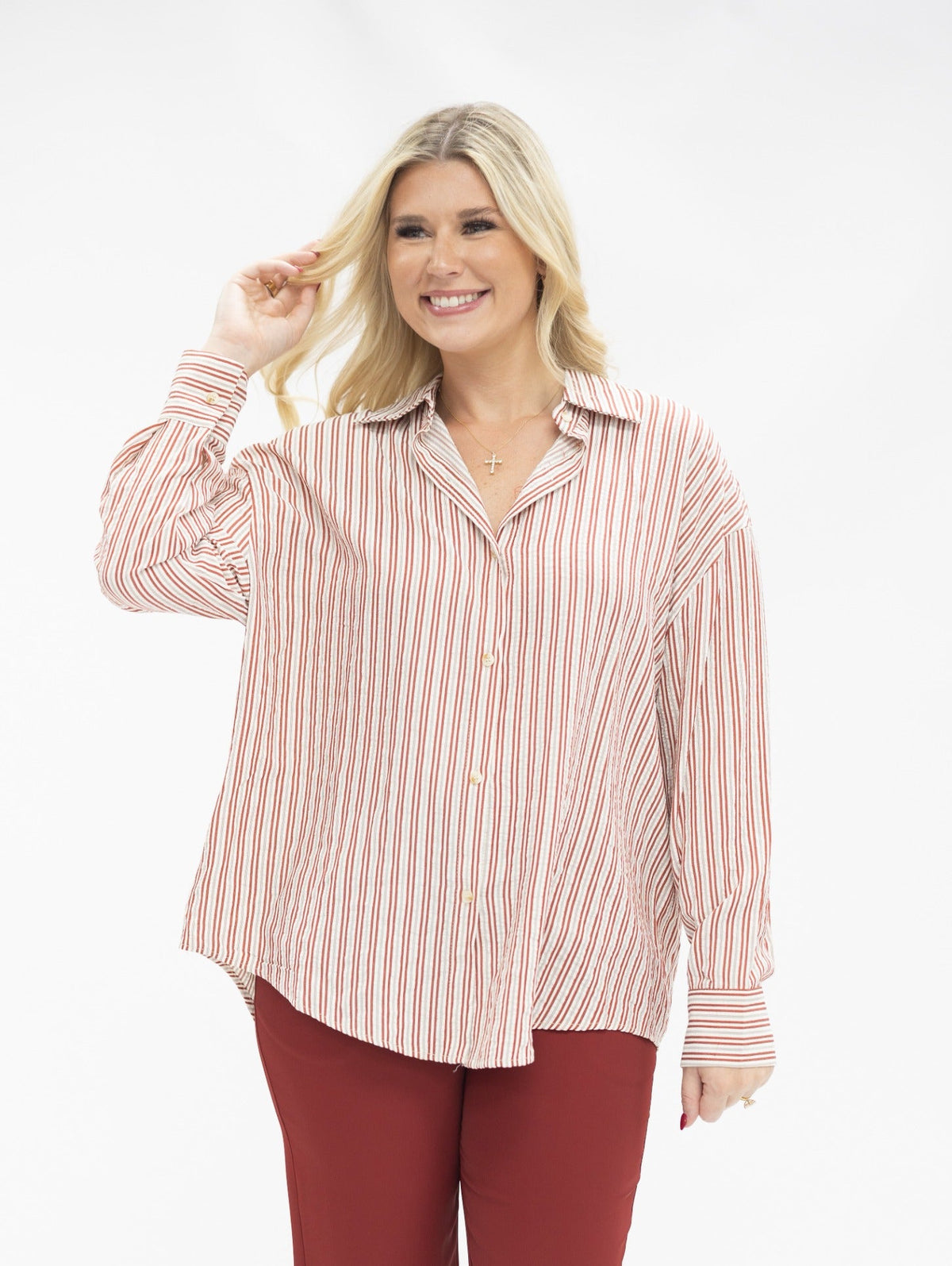 Kathryn Classic Button-Up Shirt, Red Stripes | Grace+Emma