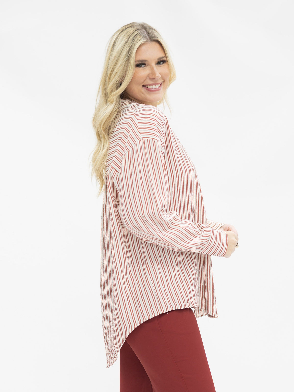Kathryn Classic Button-Up Shirt, Red Stripes | Grace+Emma
