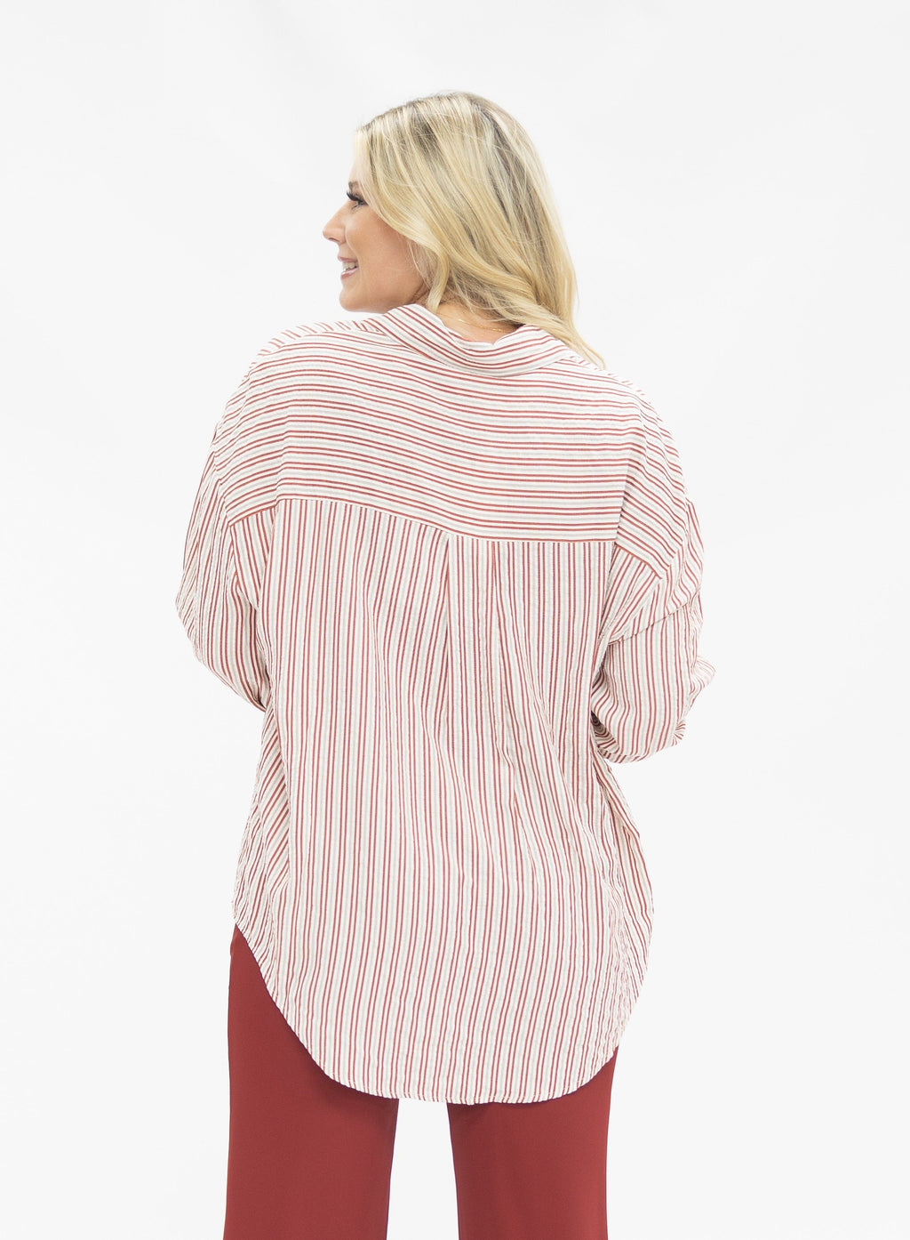 Kathryn Classic Button-Up Shirt, Red Stripes | Grace+Emma