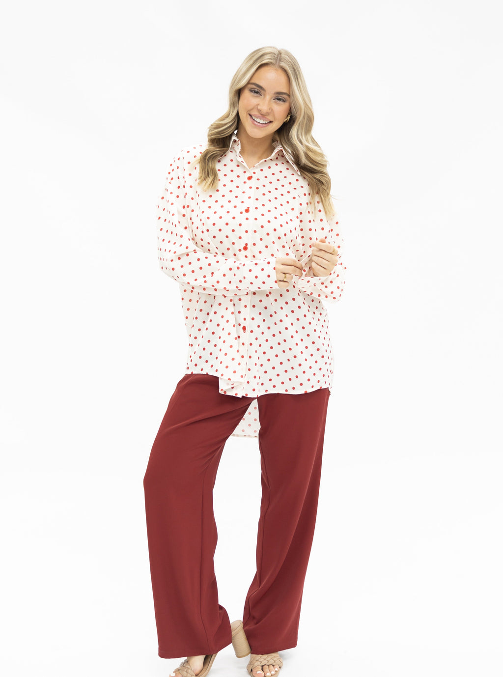 Kathryn Classic Button-Up Shirt, Red Polka-Dot | Grace+Emma