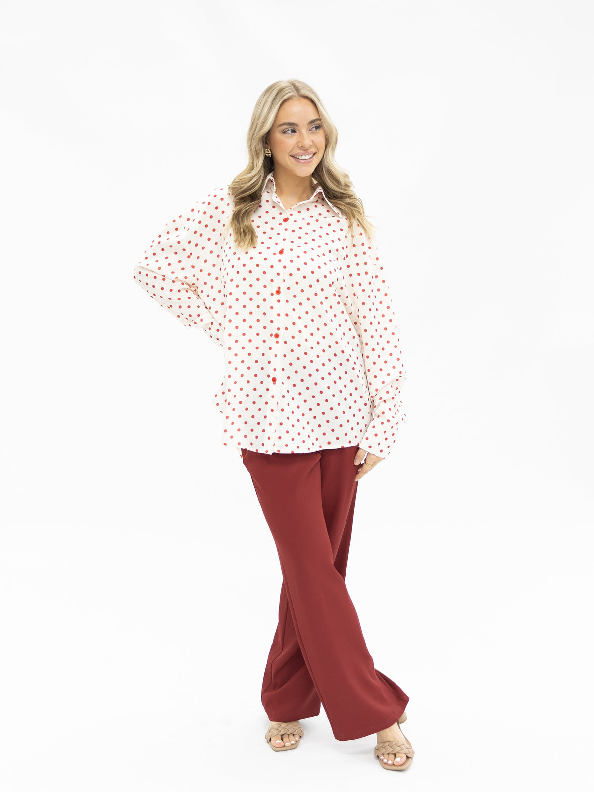 Kathryn Classic Button-Up Shirt, Red Polka-Dot | Grace+Emma