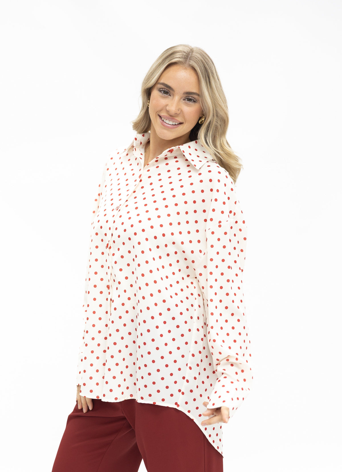 Kathryn Classic Button-Up Shirt, Red Polka-Dot | Grace+Emma