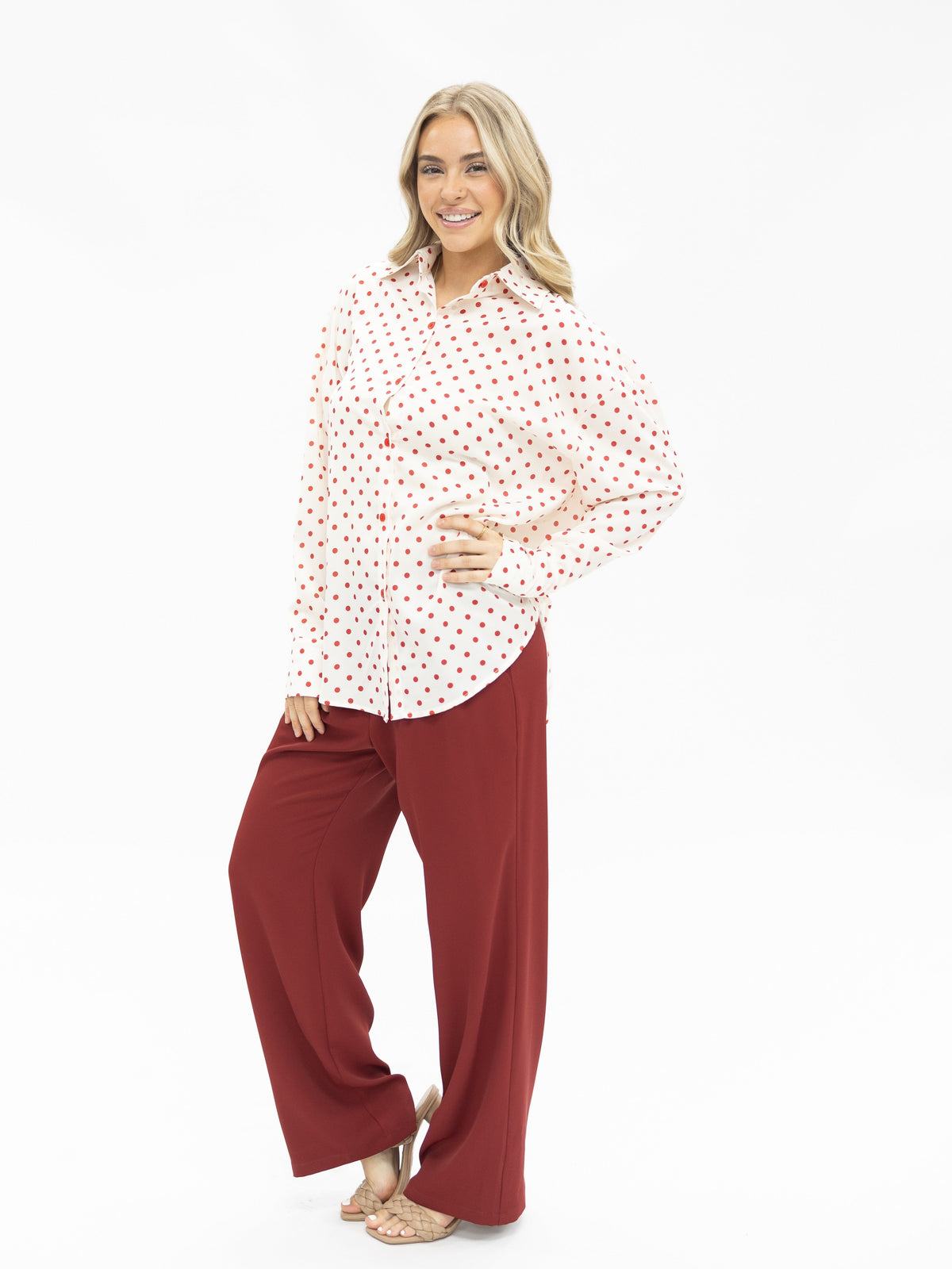 Kathryn Classic Button-Up Shirt, Red Polka-Dot | Grace+Emma