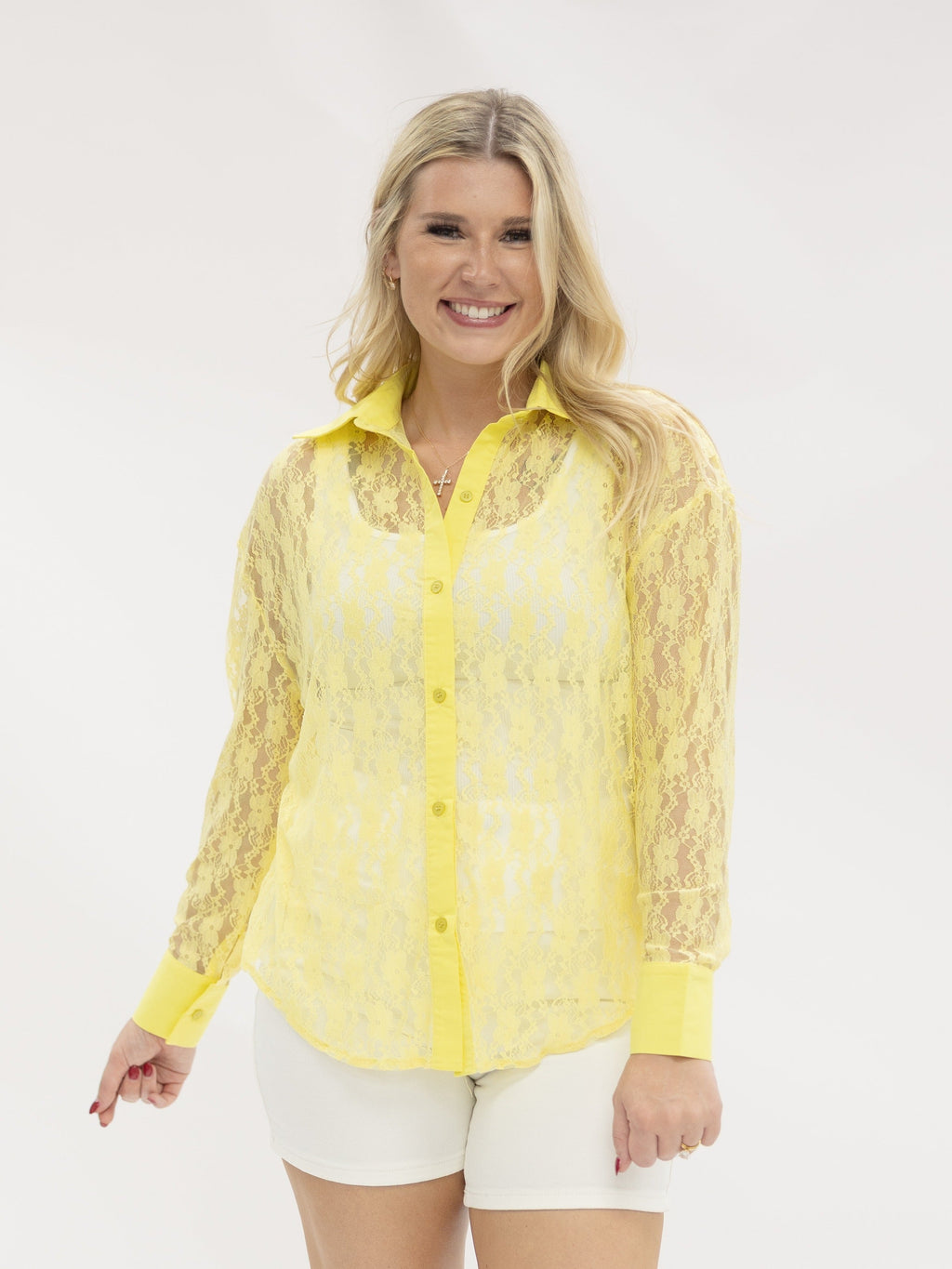 Kathryn Classic Button-Up Lace Blouse, Yellow | Grace+Emma