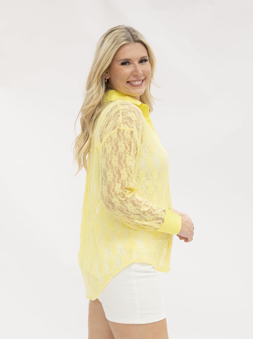 Kathryn Classic Button-Up Lace Blouse, Yellow | Grace+Emma