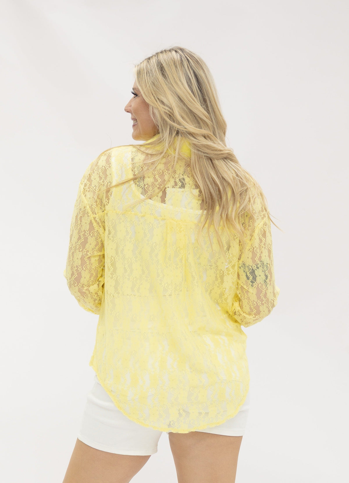 Kathryn Classic Button-Up Lace Blouse, Yellow | Grace+Emma