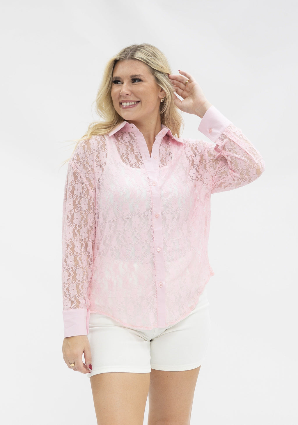 Kathryn Classic Button-Up Blouse, Light Pink Lace | Grace+Emma