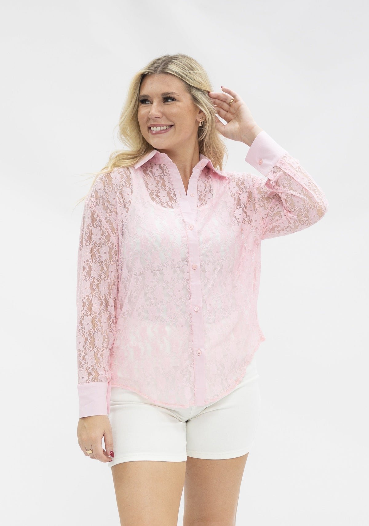 Kathryn Classic Button-Up Blouse, Light Pink Lace | Grace+Emma