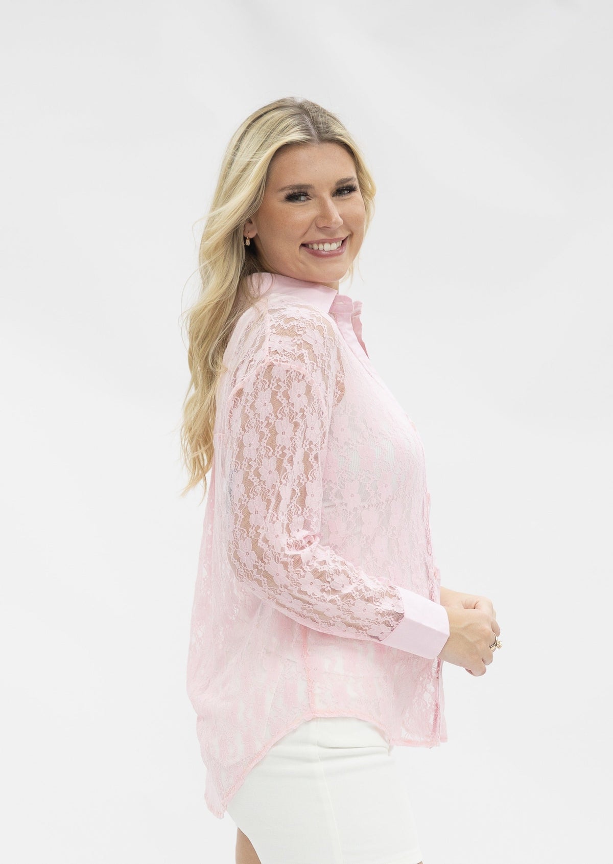 Kathryn Classic Button-Up Blouse, Light Pink Lace | Grace+Emma