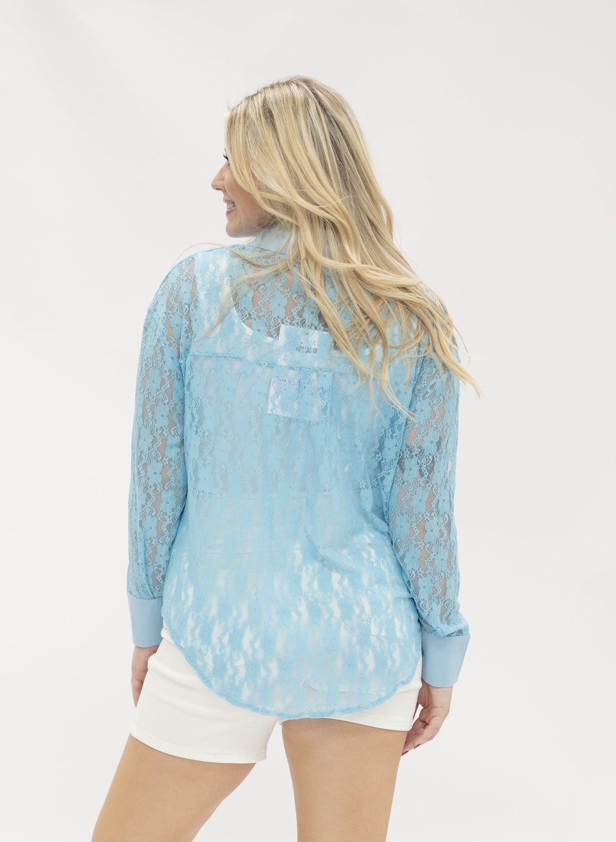 Kathryn Classic Button-Up Blouse, Blue Lace | Grace+Emma