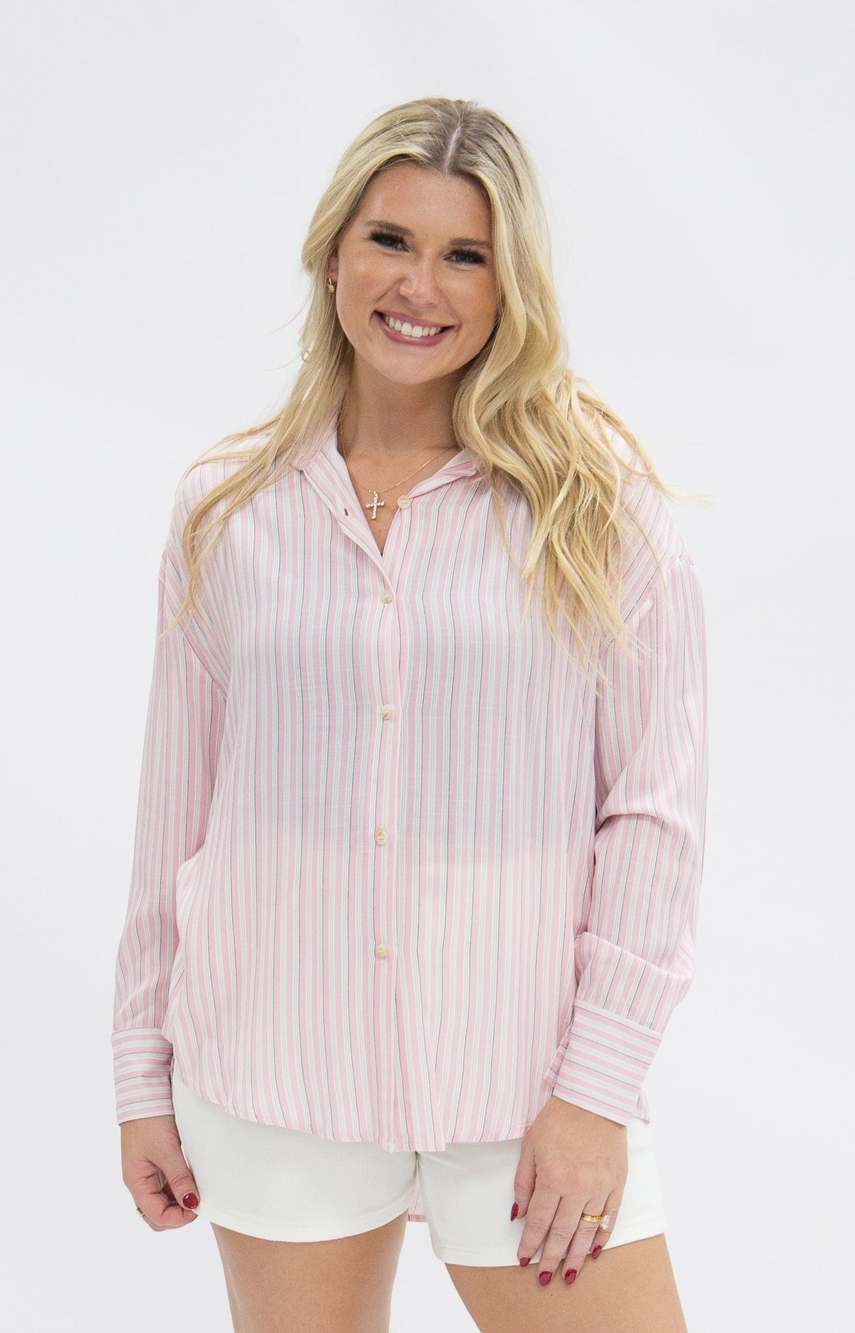 Kathryn Classic Button-Up Shirt, Striped Pink | Grace+Emma