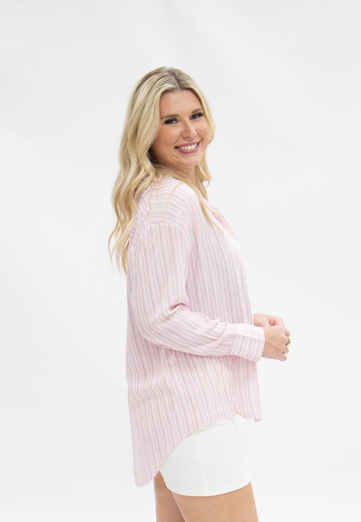 Kathryn Classic Button-Up Shirt, Striped Pink | Grace+Emma