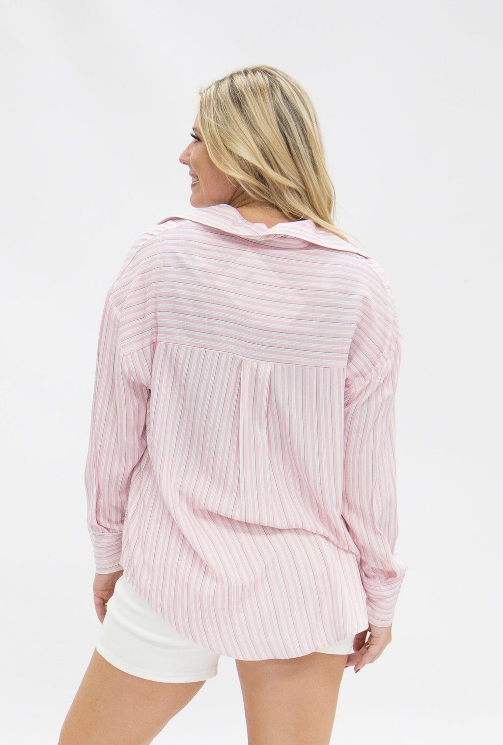 Kathryn Classic Button-Up Shirt, Striped Pink | Grace+Emma