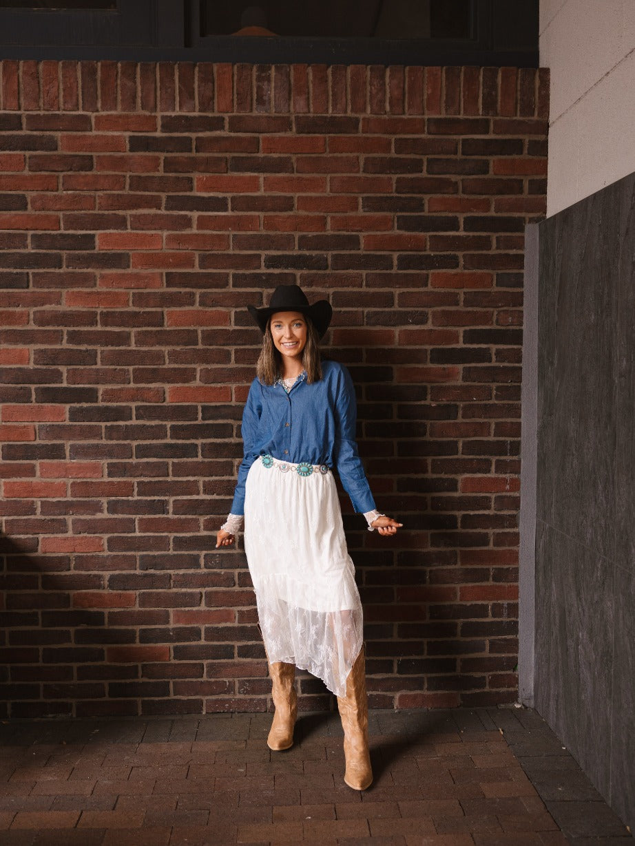Kathryn Classic Button-Up Shirt, Chambray Blue | Grace+Emma