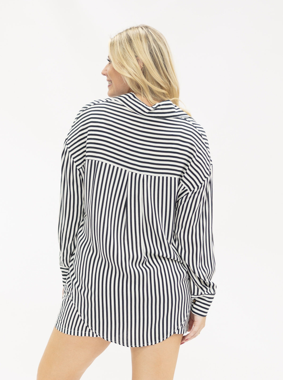 Kathryn Classic Button-Up Shirt, Black Stripes | Grace+Emma