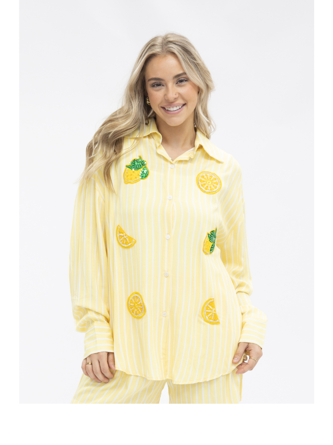 Kathryn Classic Button-Up Shirt, Yellow Stripes | Grace+Emma