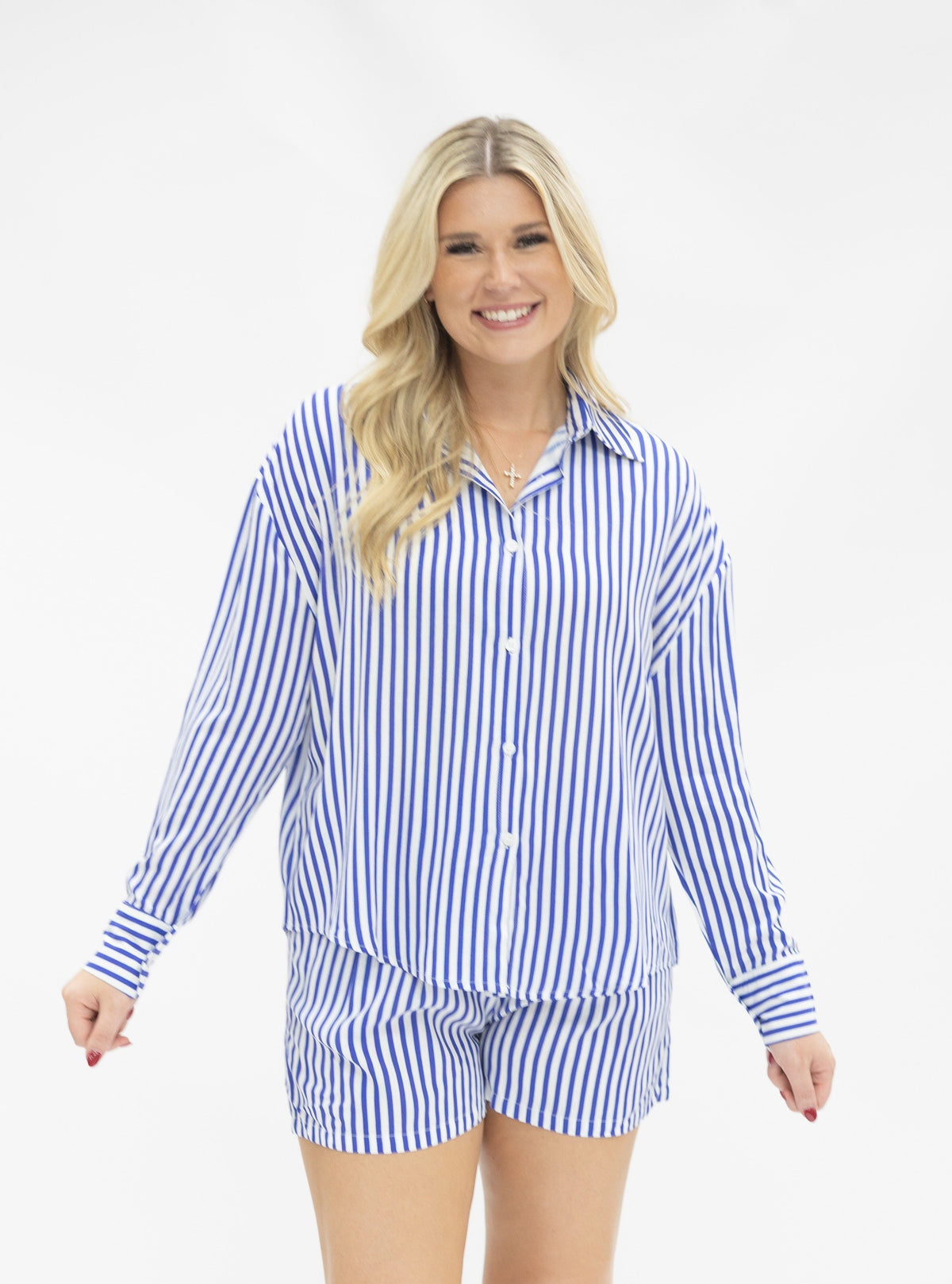 Trouser Shorts | Blue Stripes | Grace+Emma | Women's Pleated Elastic Waist Shorts | XS–3XL