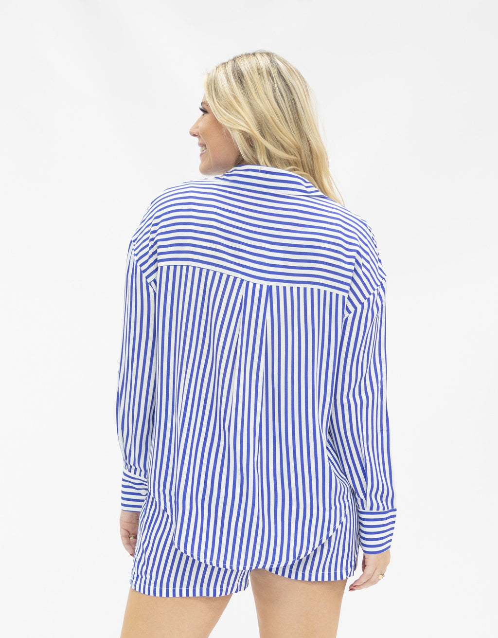 Trouser Shorts | Blue Stripes | Grace+Emma | Women's Pleated Elastic Waist Shorts | XS–3XL