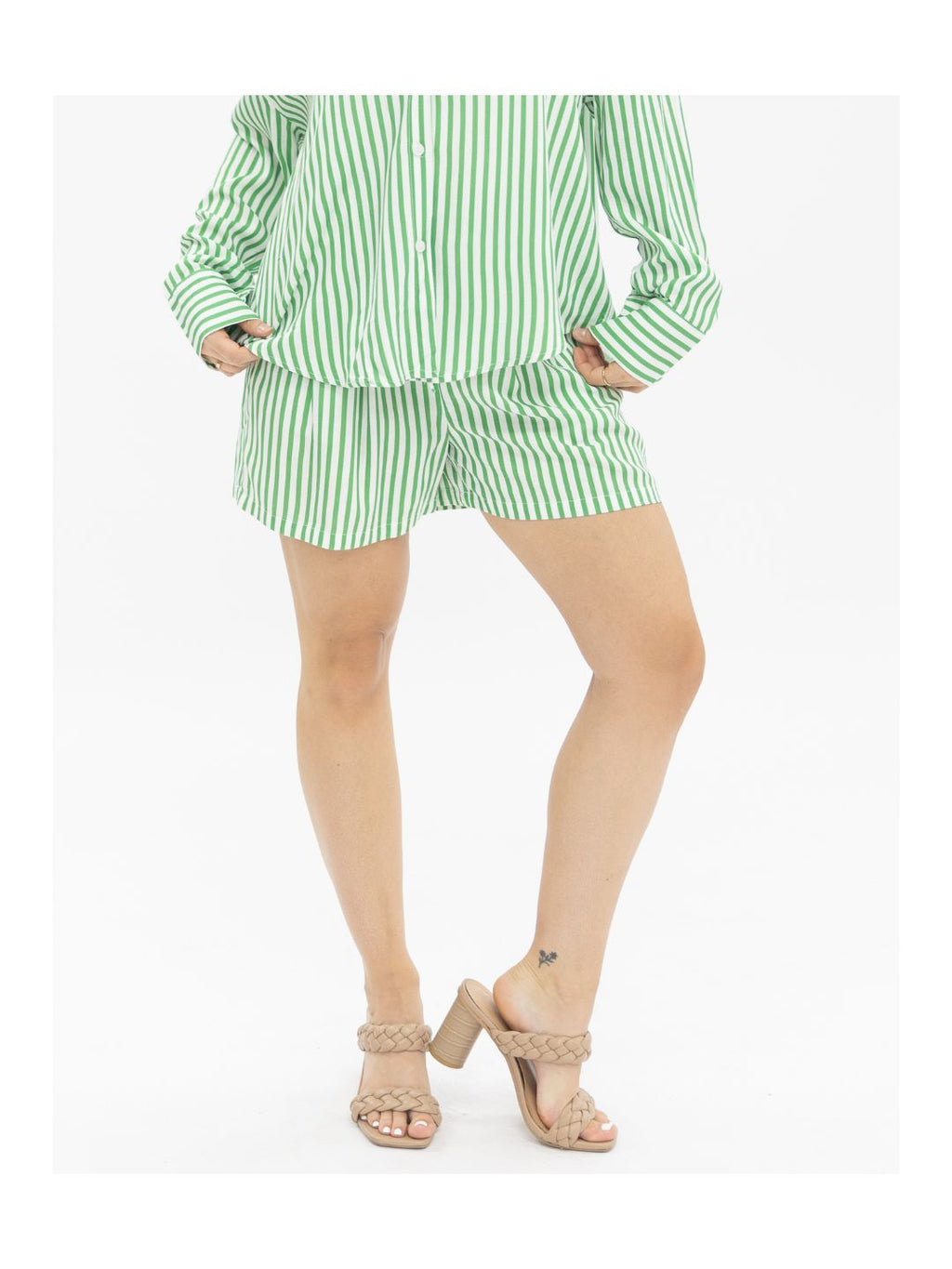 Trouser Shorts | Green Stripes | Grace+Emma | Women's Pleated Elastic Waist Shorts | XS–3XL