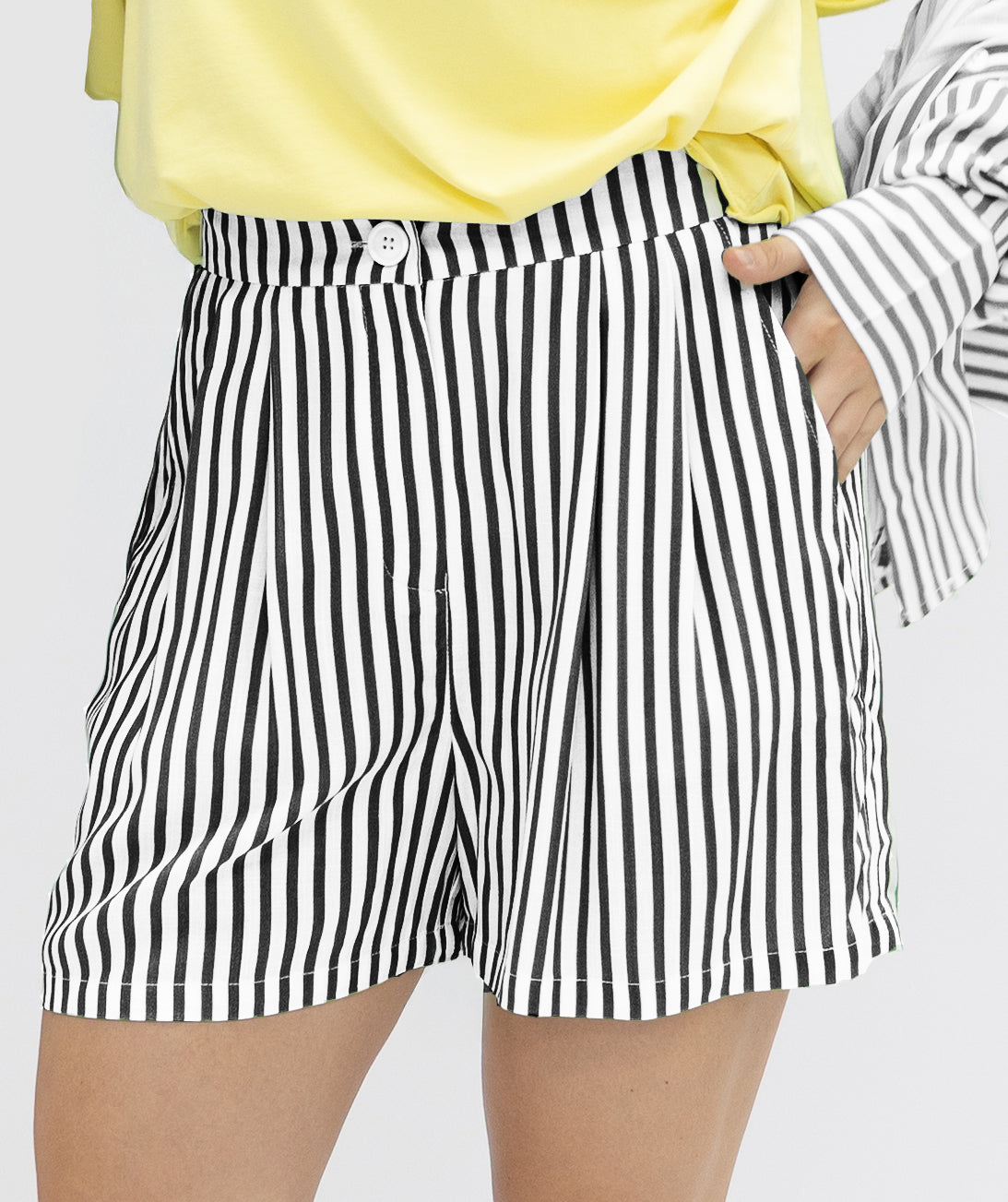 Trouser Shorts | Black Stripes | Grace+Emma | Women's Pleated Elastic Waist Shorts | XS–3XL