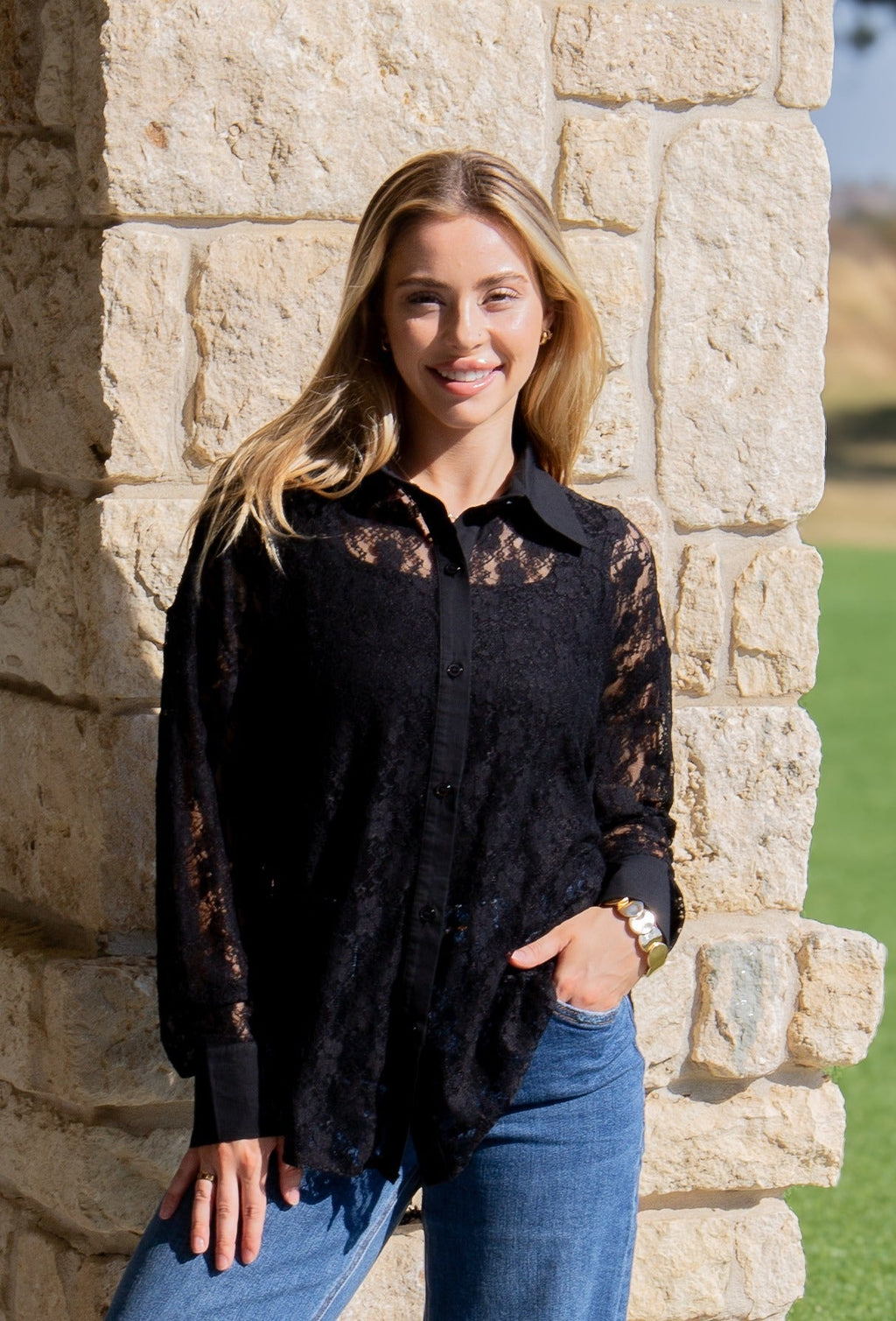 Kathryn Classic Button-Up Blouse, Black Lace | Grace+Emma