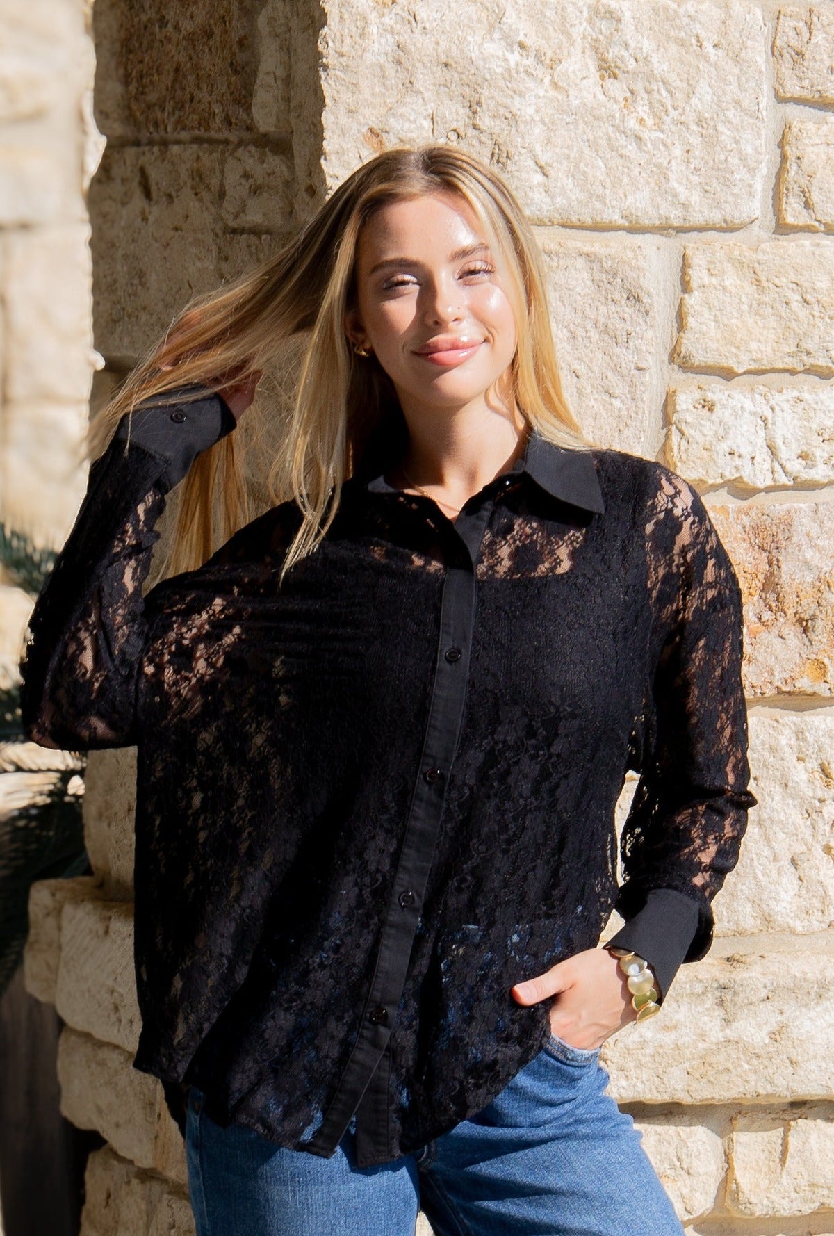Kathryn Classic Button-Up Blouse, Black Lace | Grace+Emma