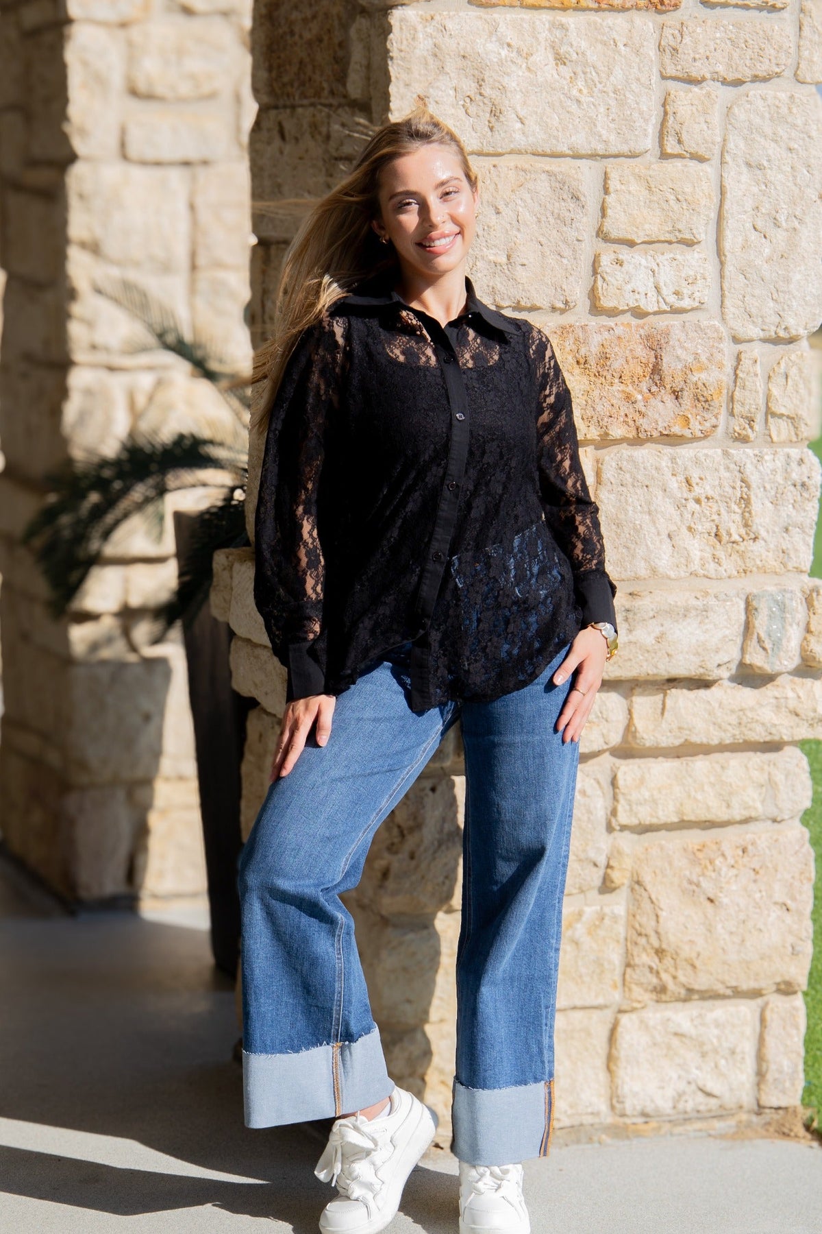 Kathryn Classic Button-Up Blouse, Black Lace | Grace+Emma