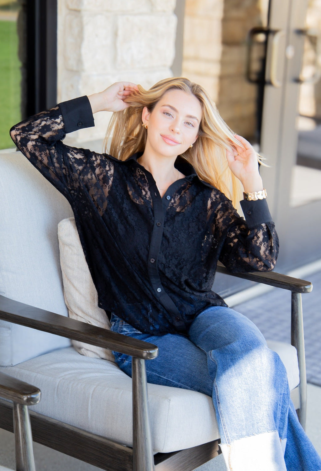 Kathryn Classic Button-Up Blouse, Black Lace | Grace+Emma