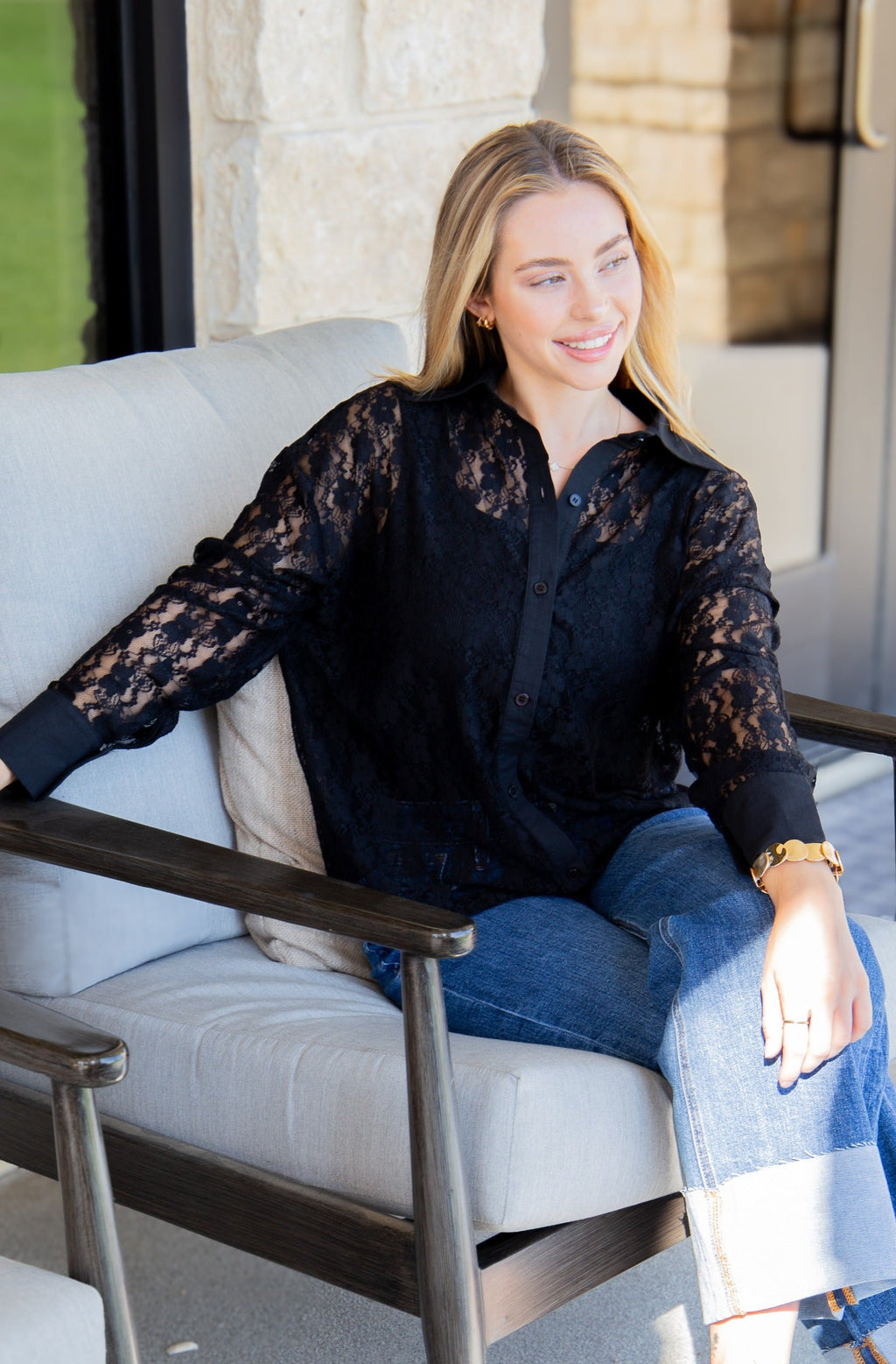Kathryn Classic Button-Up Blouse, Black Lace | Grace+Emma