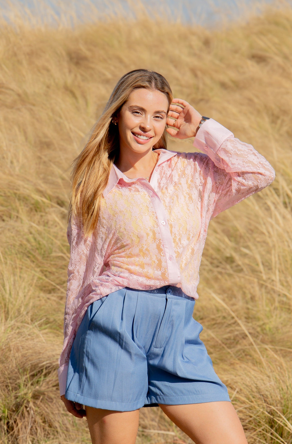 Kathryn Classic Button-Up Blouse, Light Pink Lace | Grace+Emma