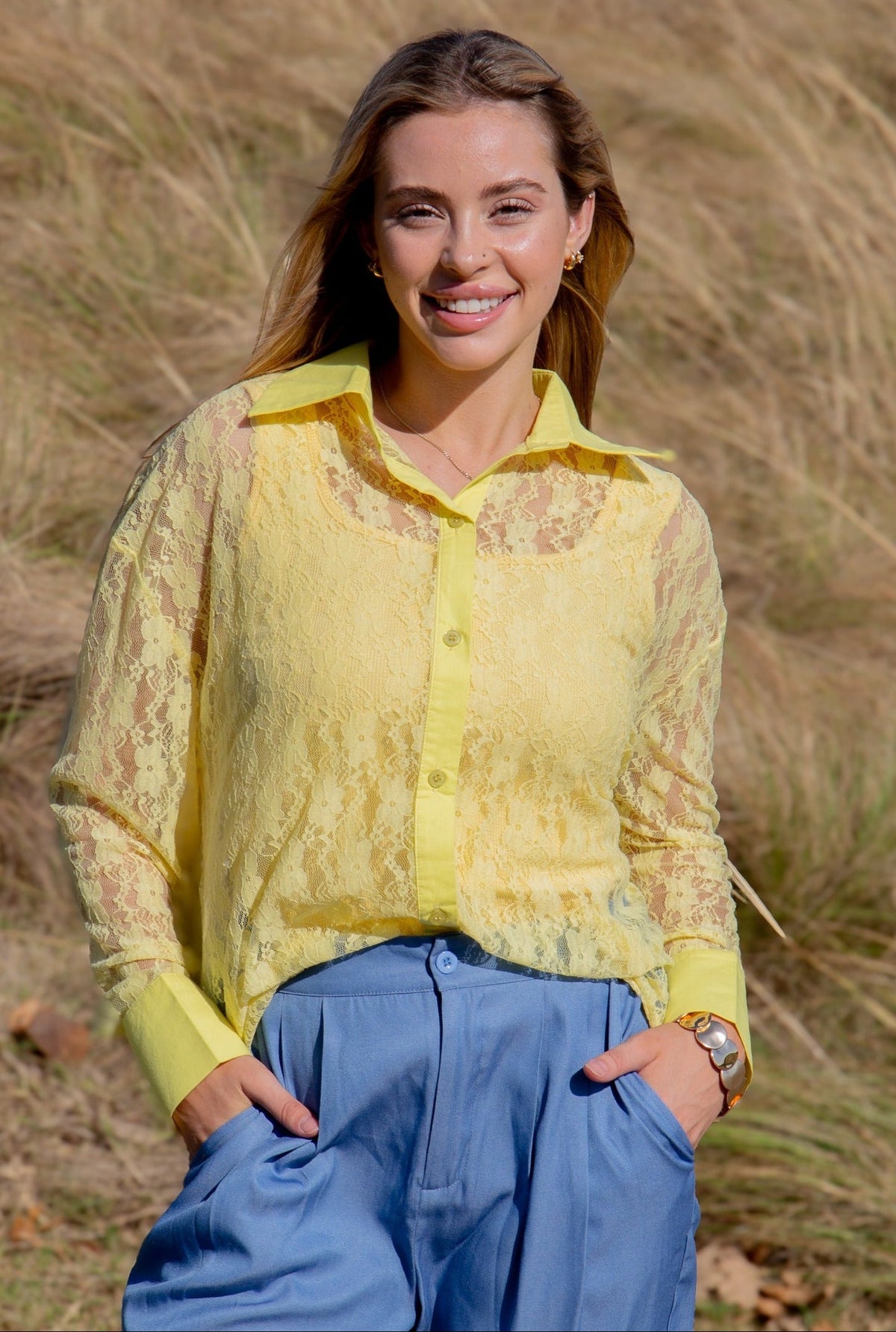 Kathryn Classic Button-Up Lace Blouse, Yellow | Grace+Emma