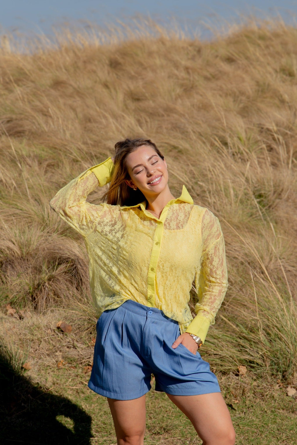 Kathryn Classic Button-Up Lace Blouse, Yellow | Grace+Emma