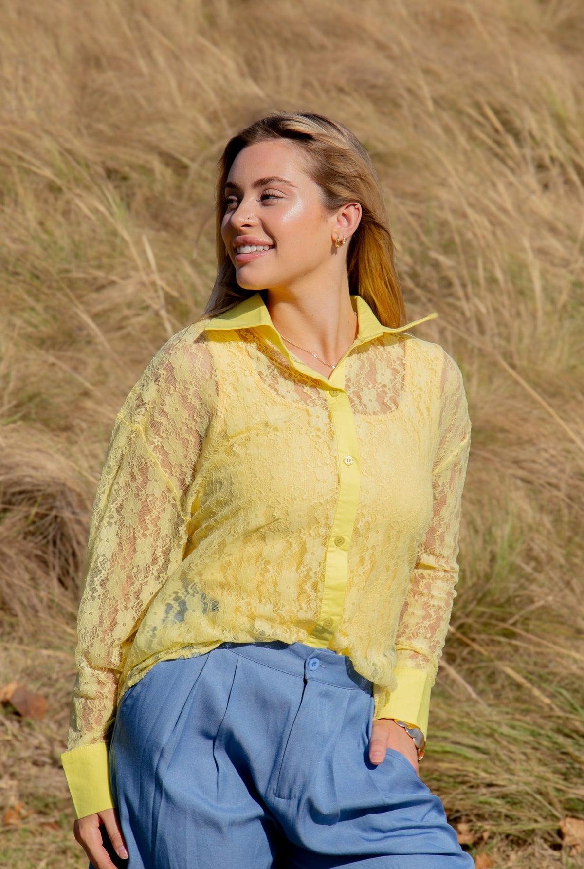 Kathryn Classic Button-Up Lace Blouse, Yellow | Grace+Emma