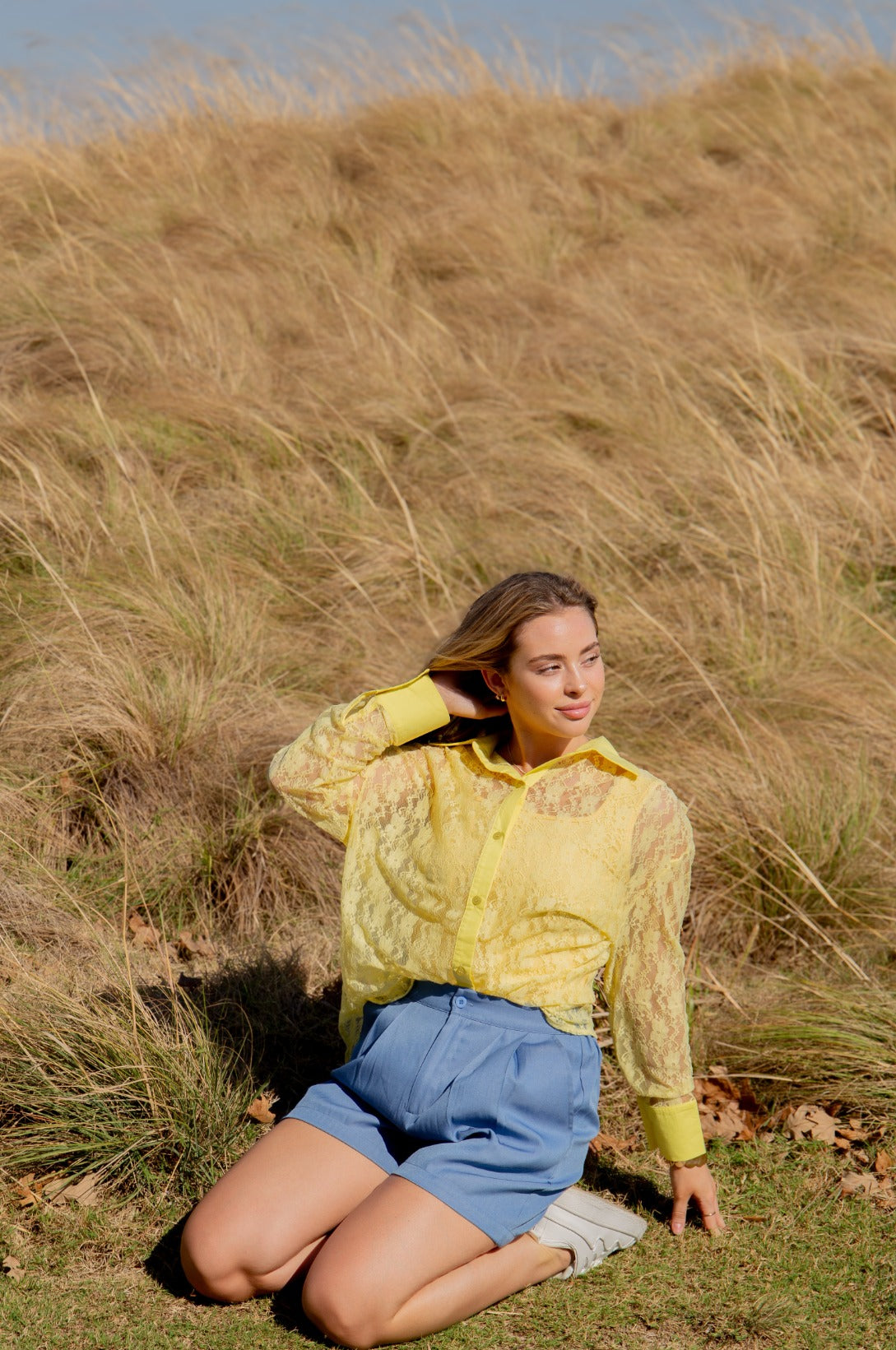 Kathryn Classic Button-Up Lace Blouse, Yellow | Grace+Emma