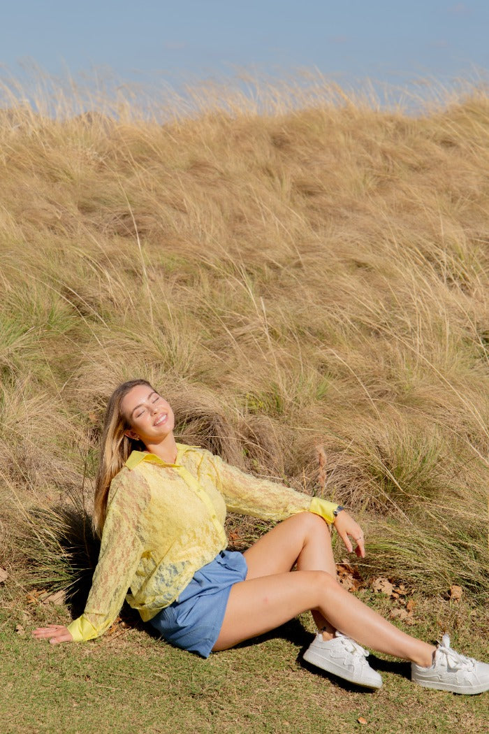 Kathryn Classic Button-Up Lace Blouse, Yellow | Grace+Emma