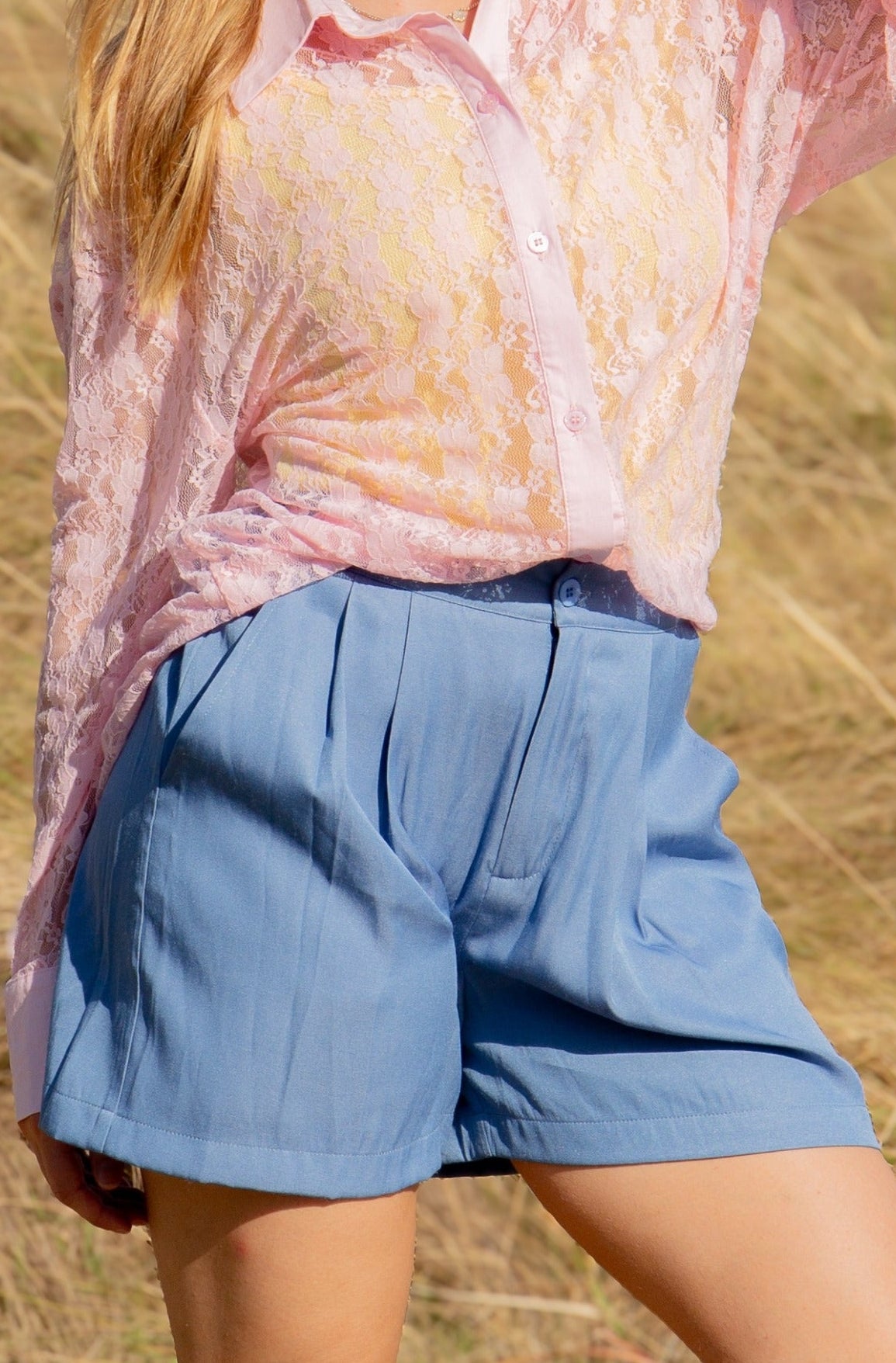 Trouser Shorts | Chambray Blue | Grace+Emma | Women's Elastic Waist Shorts | XS–3XL
