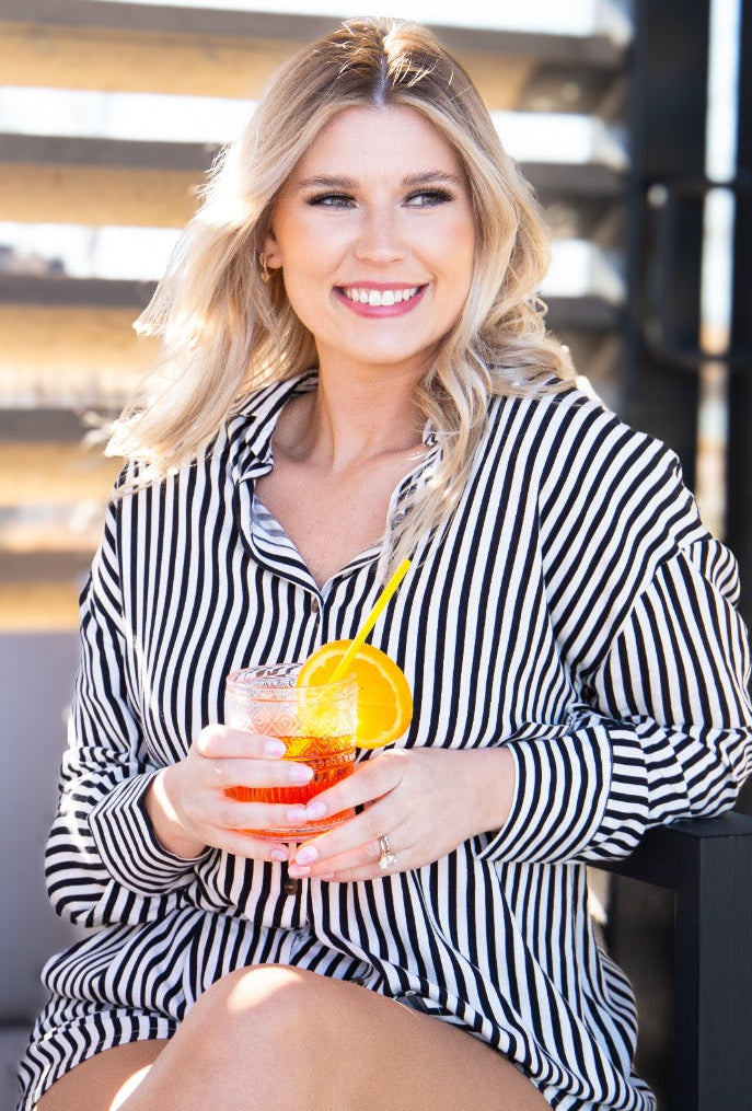 Kathryn Classic Button-Up Shirt, Black Stripes | Grace+Emma
