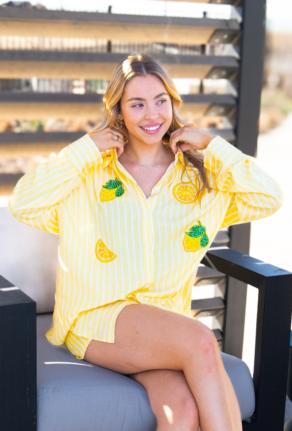 Kathryn Classic Button-Up Shirt, Yellow Stripes | Grace+Emma