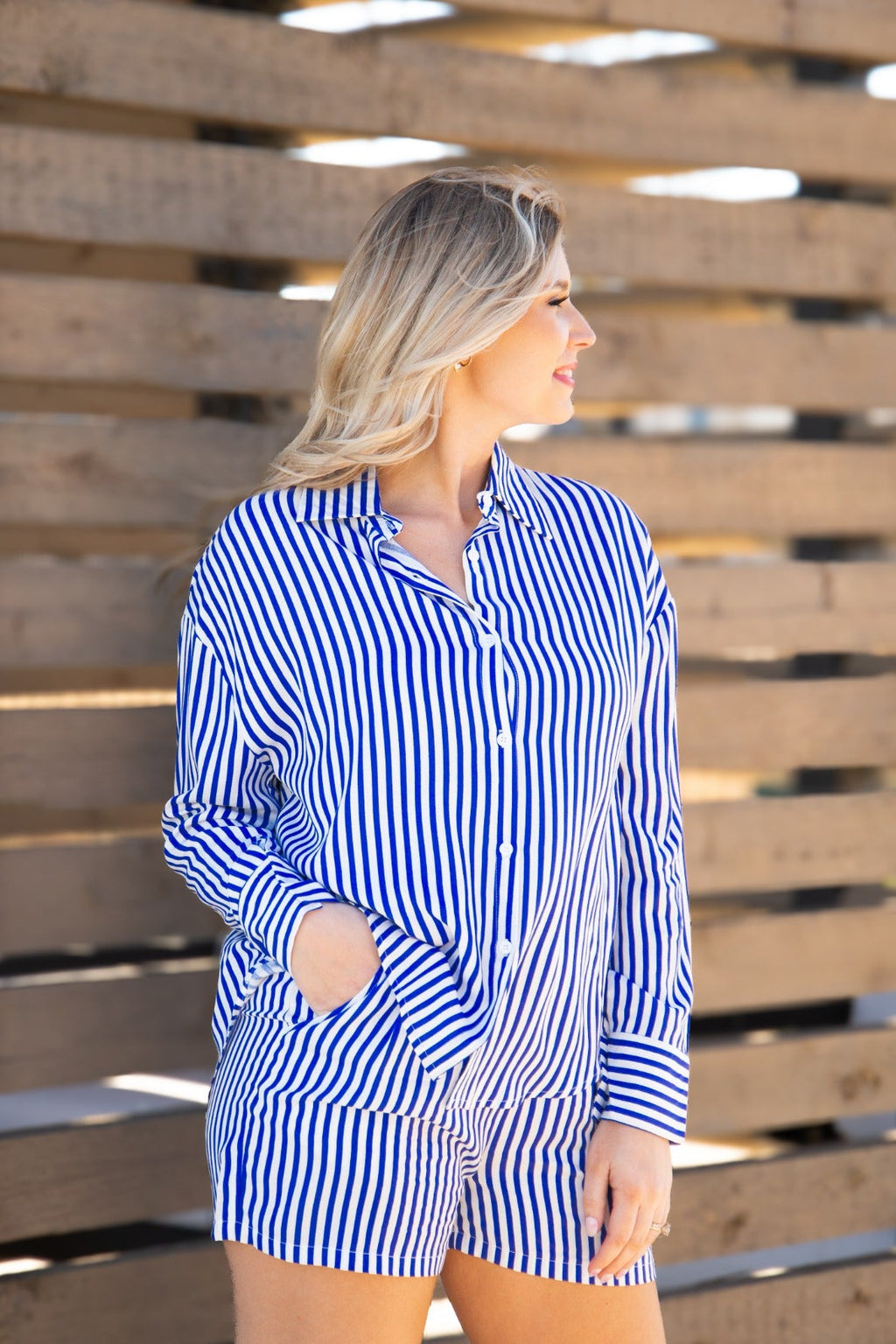 Trouser Shorts | Blue Stripes | Grace+Emma | Women's Pleated Elastic Waist Shorts | XS–3XL