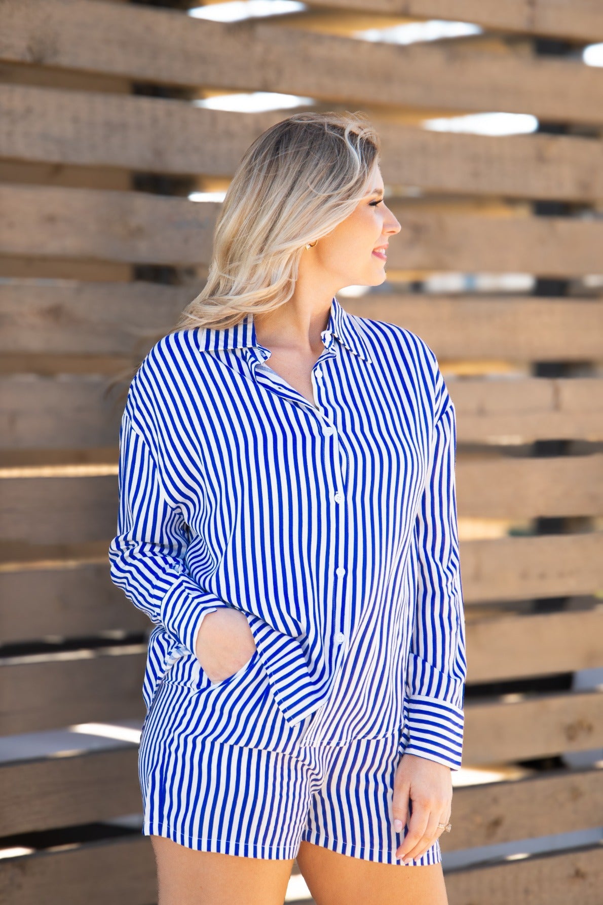 Trouser Shorts | Blue Stripes | Grace+Emma | Women's Pleated Elastic Waist Shorts | XS–3XL