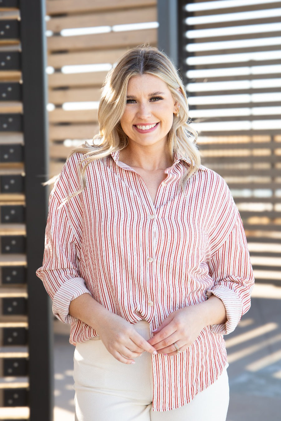 Kathryn Classic Button-Up Shirt, Red Stripes | Grace+Emma
